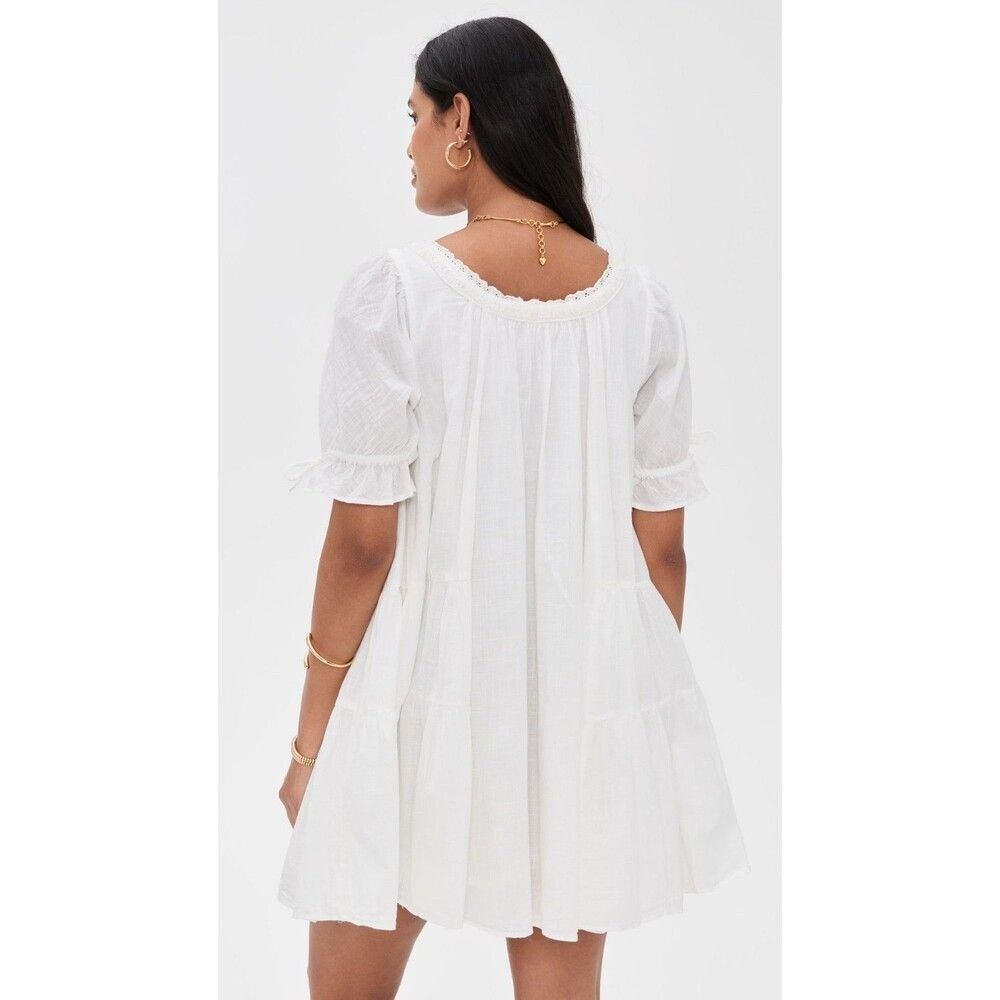 Free People Sandy Shores Babydoll Mini Dress Eyelet Puff Sleeve Solid XS 287320 - Picture 3 of 10